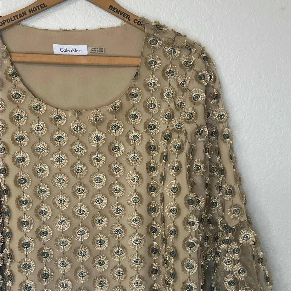 Calvin Klein Top Gold and Blue Overlay Gorgeous Bell Sleeve Special Occasion L - Picture 1 of 6